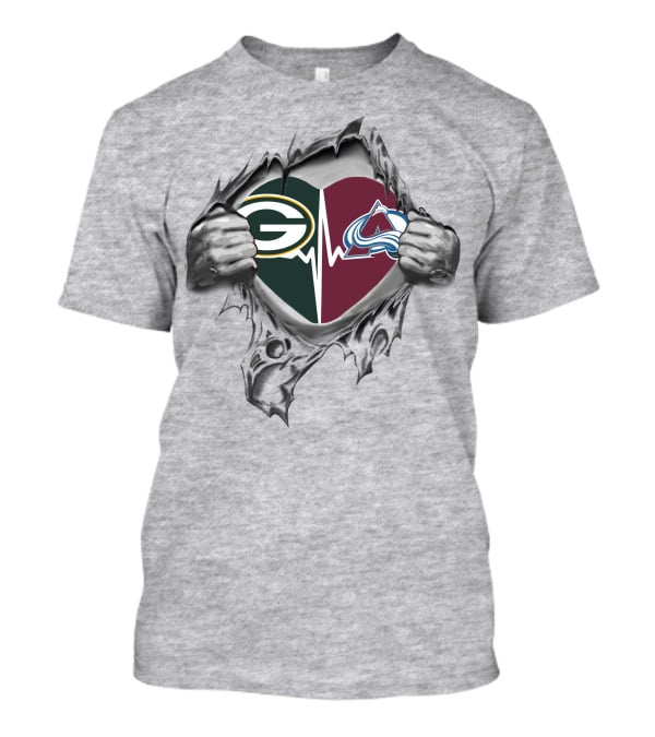 Green Bay Packers And Colorado Avalanche Heart With Silver Hands T-Shirt
