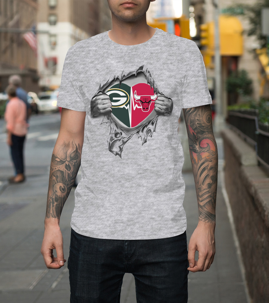Green Bay Packers Chicago Bulls Heart Logo Rip T-Shirt