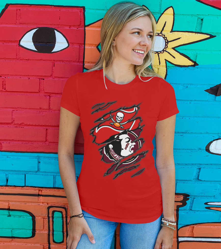 Buccaneers Seminoles Skull And Tomahawk Football Fusion T-Shirt