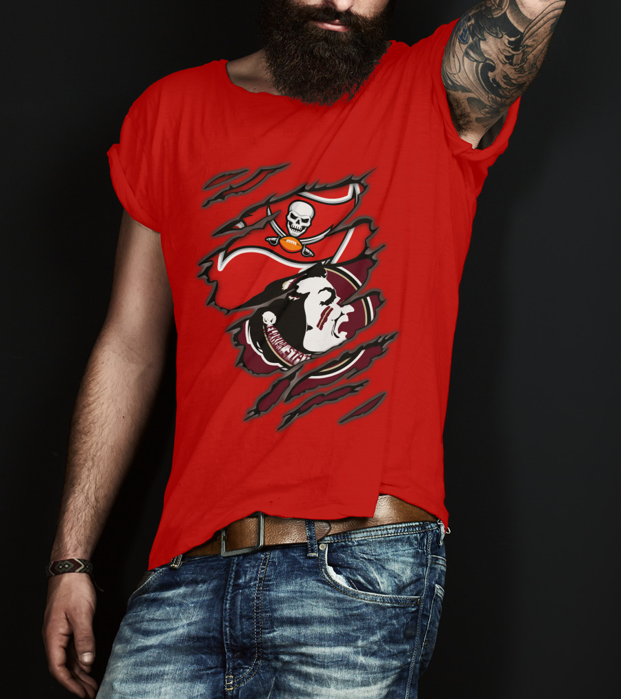 Buccaneers Seminoles Skull And Tomahawk Football Fusion T-Shirt