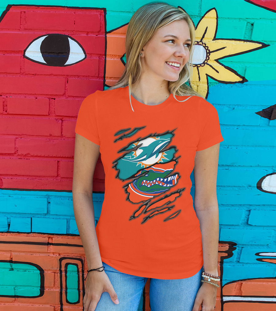 Miami Dolphins Florida Gators Logo Rip T-Shirt