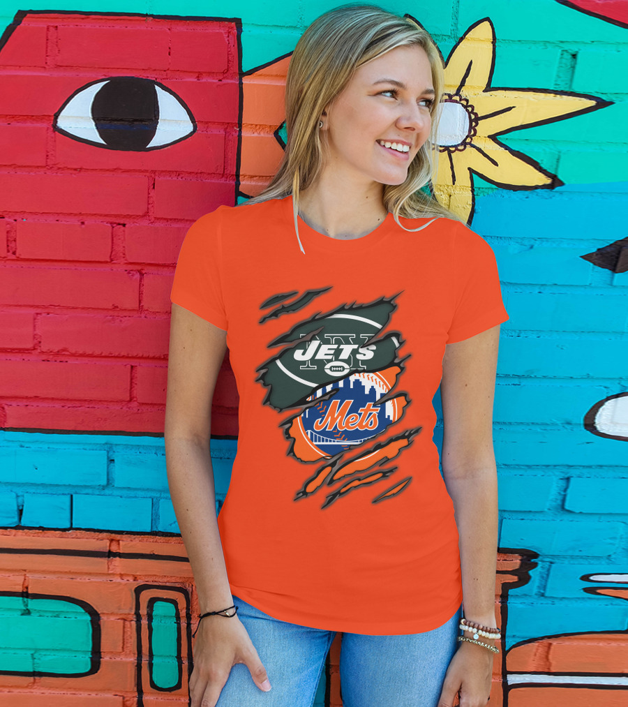 Jets Mets Nfl Mlb Ripped Logo Fusion T-Shirt