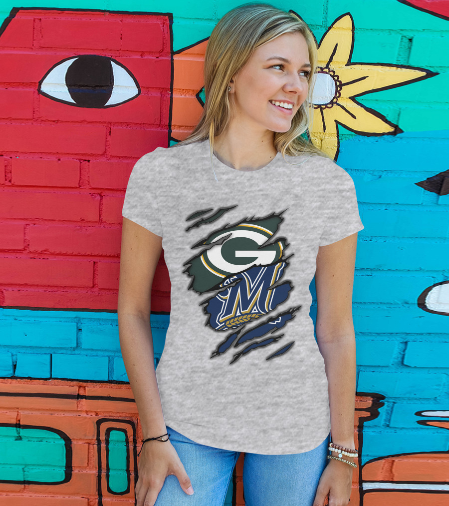 Green Bay Packers Milwaukee Brewers Logos Torn Claw Marks T-Shirt