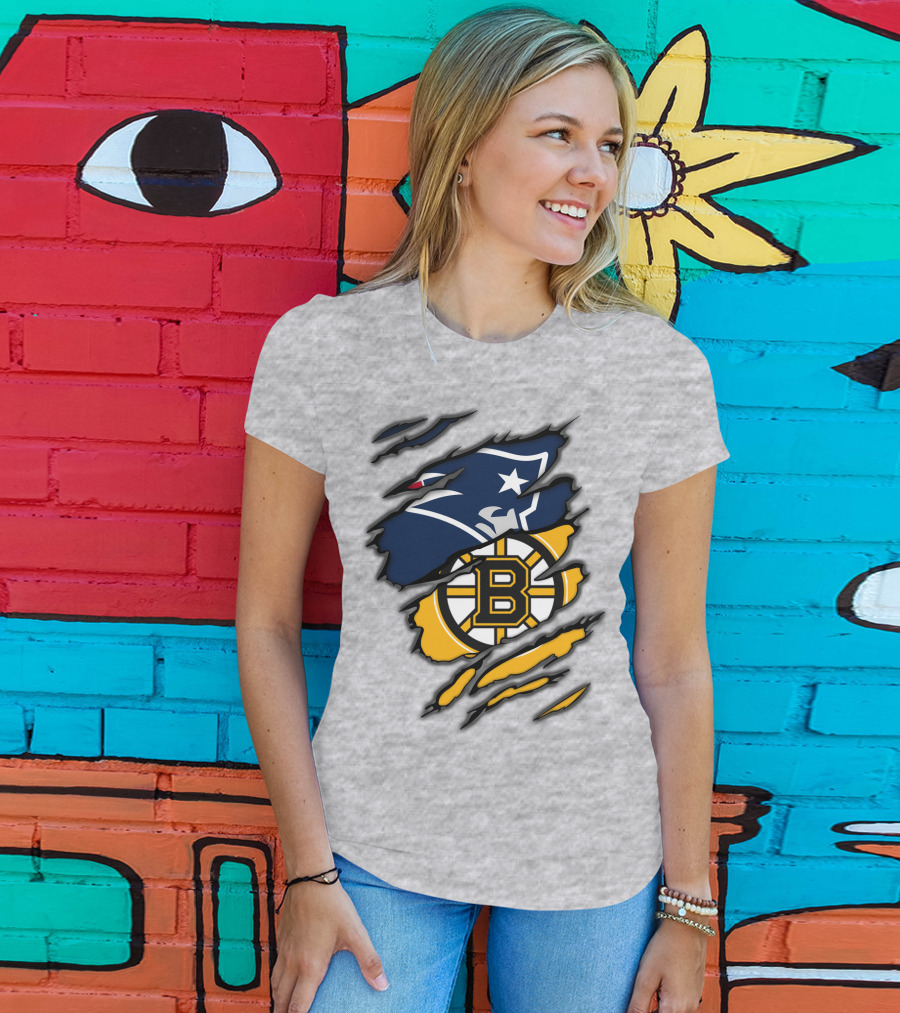Patriots Bruins New England Football Boston Hockey Fan Collaboration T-Shirt