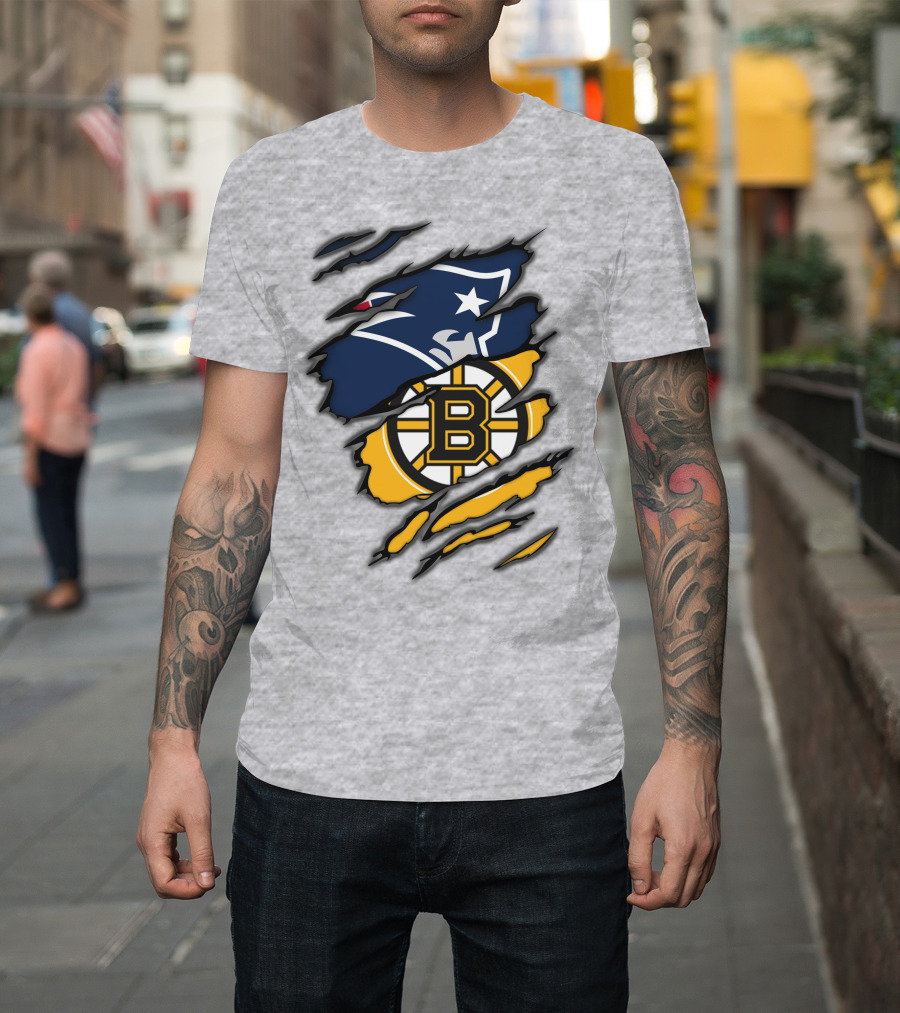 Patriots Bruins New England Football Boston Hockey Fan Collaboration T-Shirt