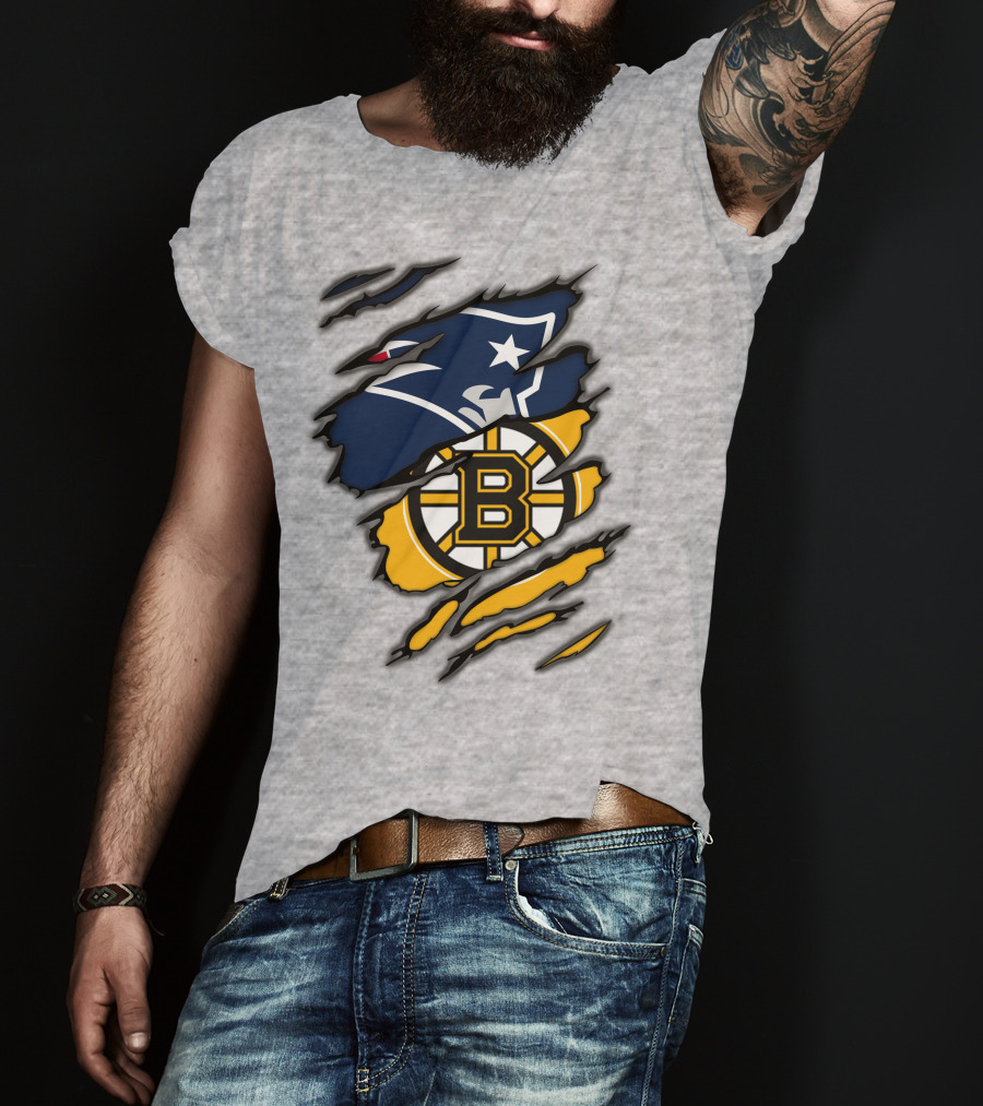 Patriots Bruins New England Football Boston Hockey Fan Collaboration T-Shirt