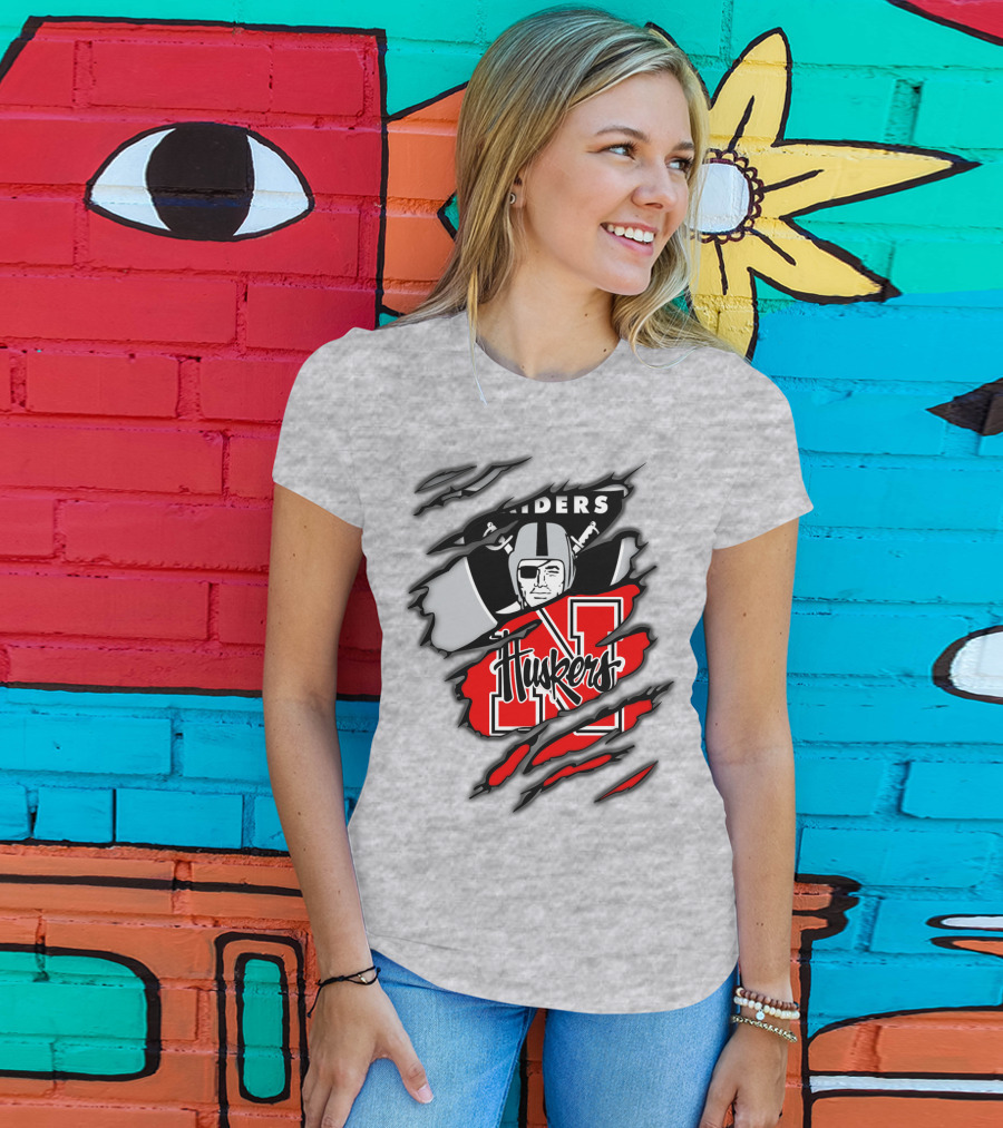 Raiders Huskers Torn Design With Icons And Symbols T-Shirt