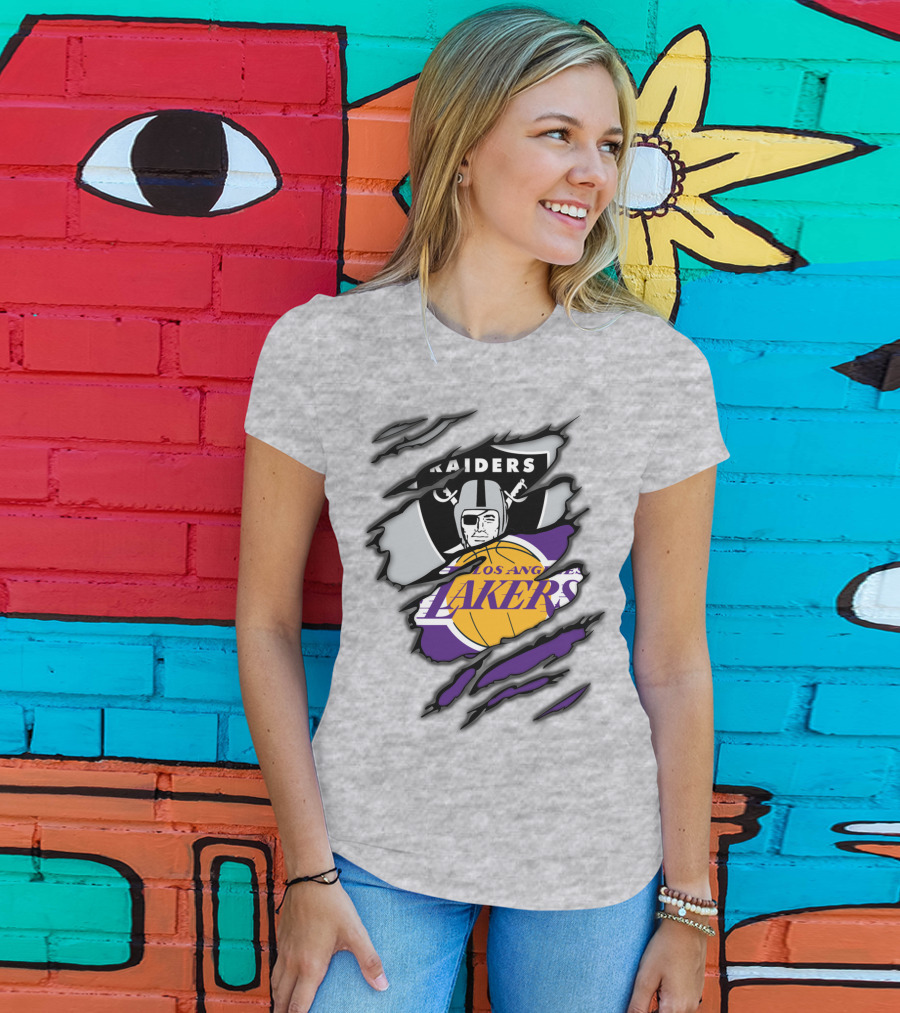 Raiders Los Angeles Lakers Basketball Football Fan Mashup T-Shirt