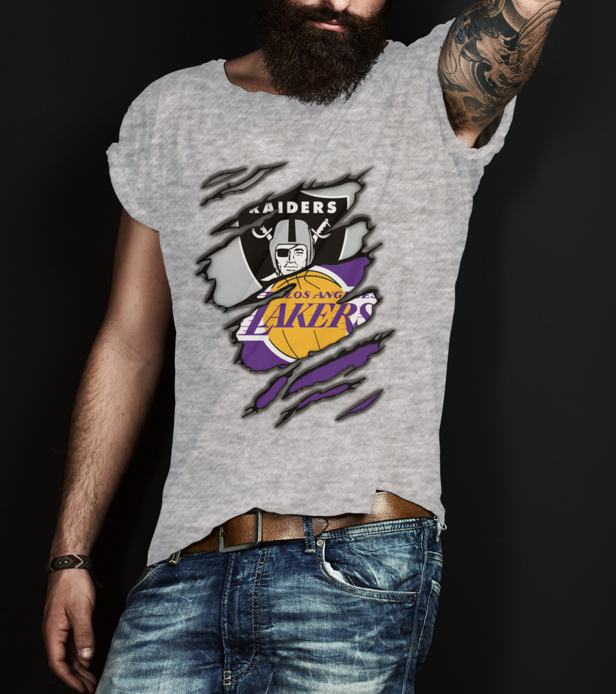 Raiders Los Angeles Lakers Basketball Football Fan Mashup T-Shirt