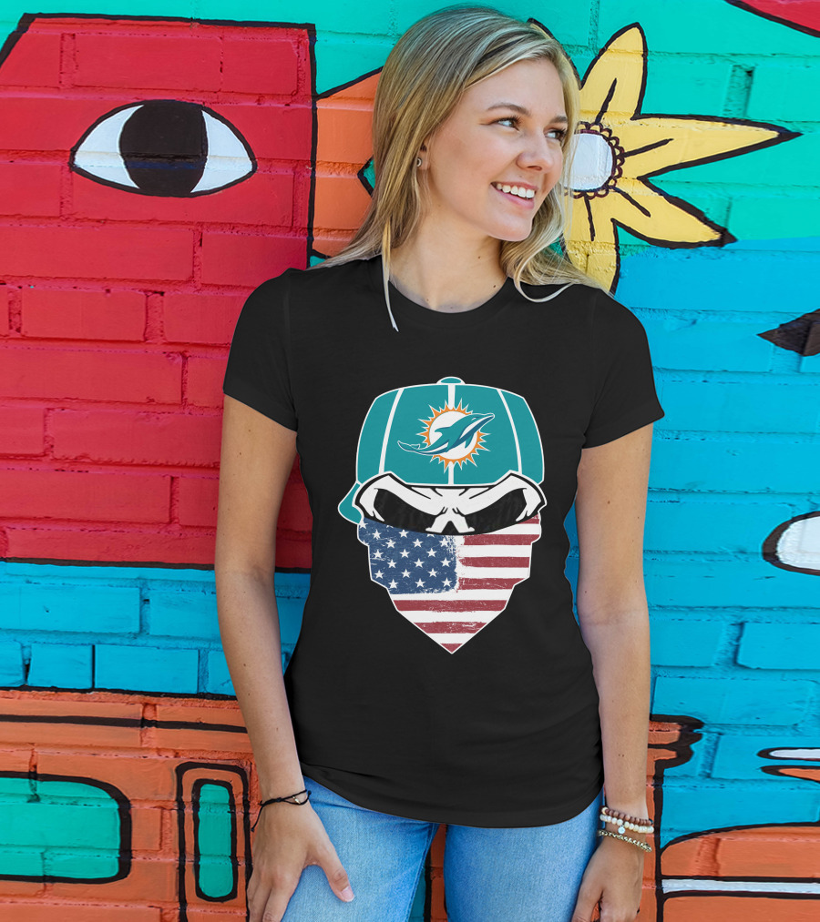 Miami Dolphins Skull American Flag Bandana T-Shirt