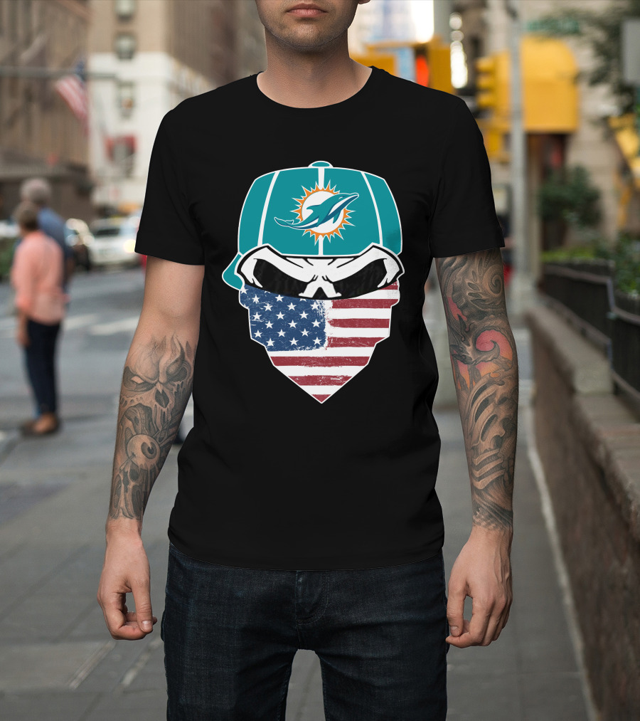 Miami Dolphins Skull American Flag Bandana T-Shirt