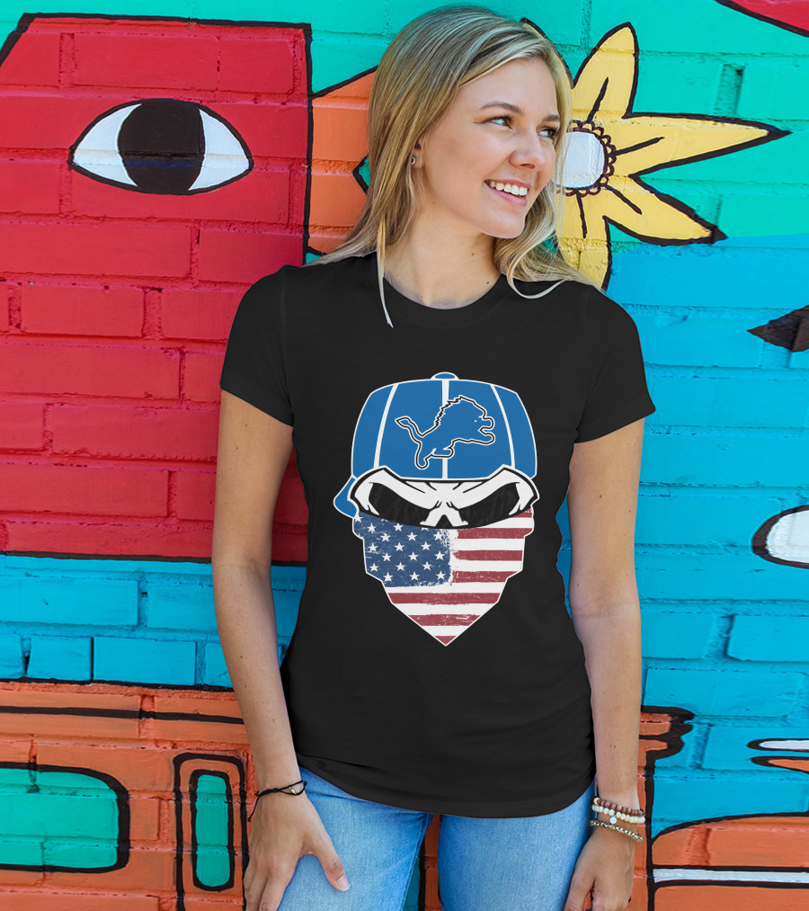 Detroit Lions Skull Bandana American Flag T-Shirt