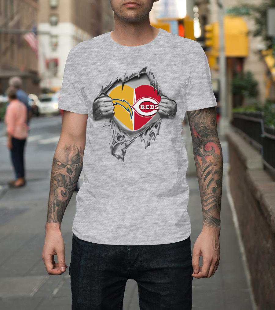Reds Chargers Heart With Skeleton Hands NFL MLB Crossover T-Shirt