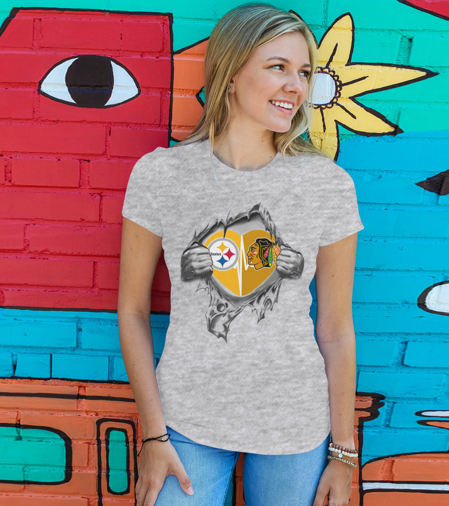 Steelers Blackhawks Heart Logos Torn T-Shirt