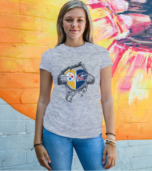 Steelers Blue Jackets Torn Heart Logo Fusion T-Shirt
