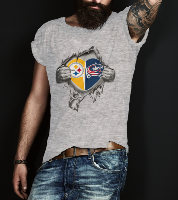 Steelers Blue Jackets Torn Heart Logo Fusion T-Shirt