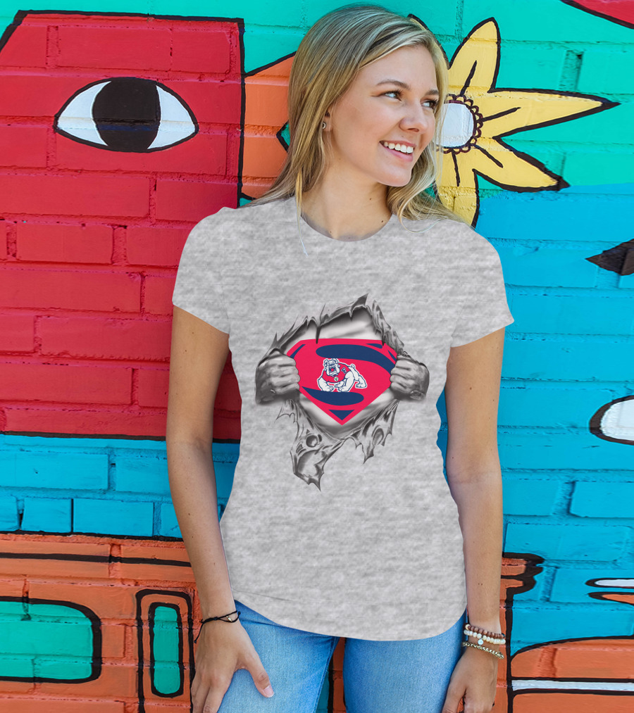 Fresno State Bulldog Superman Emblem With Bulldog Logo Torn T-Shirt