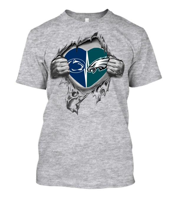 Eagles Penn State Heart Split Logos Inside Tearing Hands T-Shirt