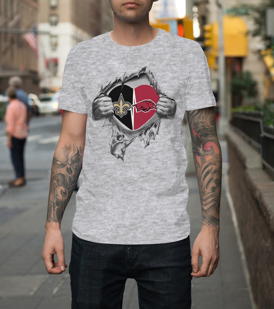 Saints Razorbacks Heart Emblem Fleur-De-Lis Split T-Shirt