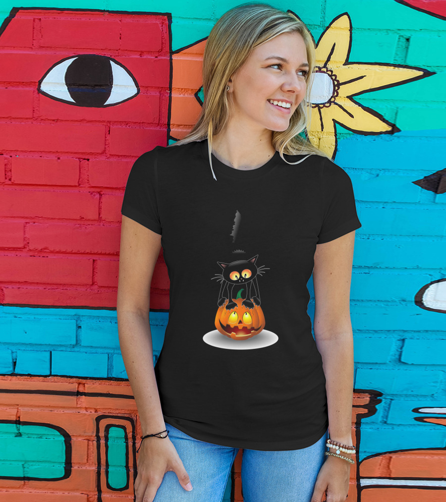 Disney Mickey Mouse Halloween Pumpkin Head With Black Cat Jack O'lantern T-Shirt