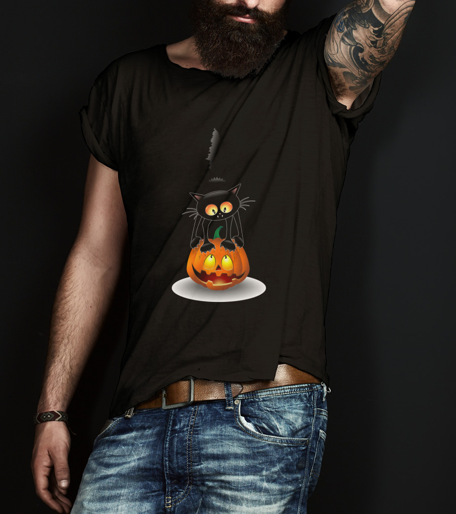 Disney Mickey Mouse Halloween Pumpkin Head With Black Cat Jack O'lantern T-Shirt