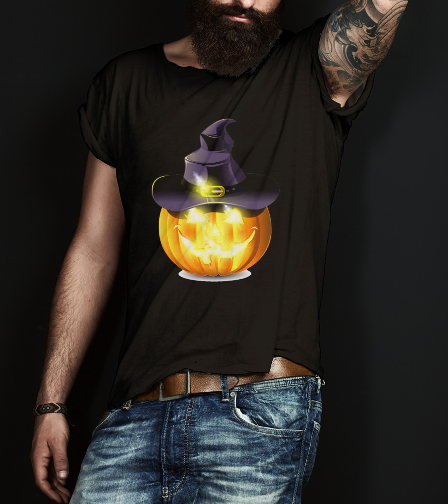Halloween Pumpkin With Witch Hat And Glowing Smile T-Shirt