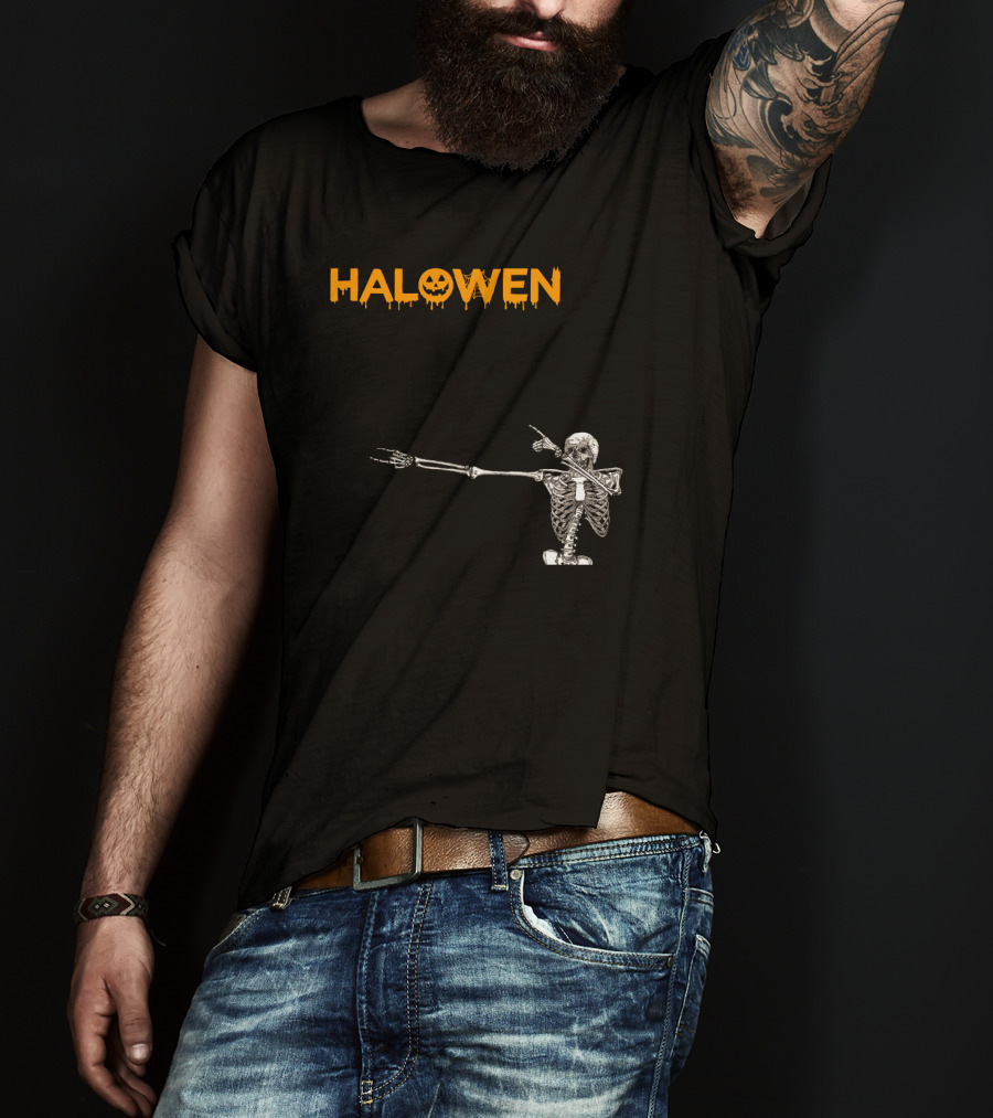 Halowen Skeleton Dabbing With Pumpkin Face T-Shirt