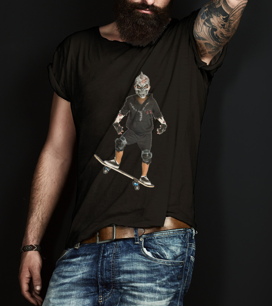 Halloween Costume Party Boy With Skull Mask On Skateboard T-Shirt