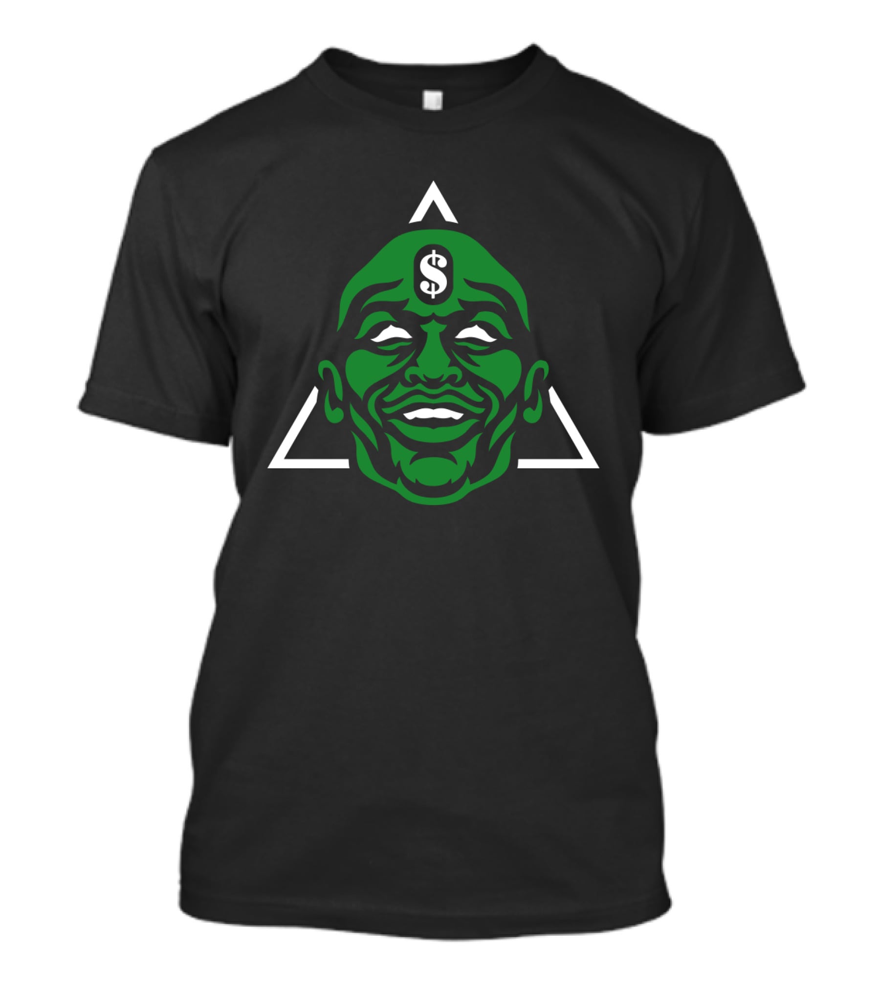 Green Smiling Face With Dollar Sign And White Triangle T-Shirt