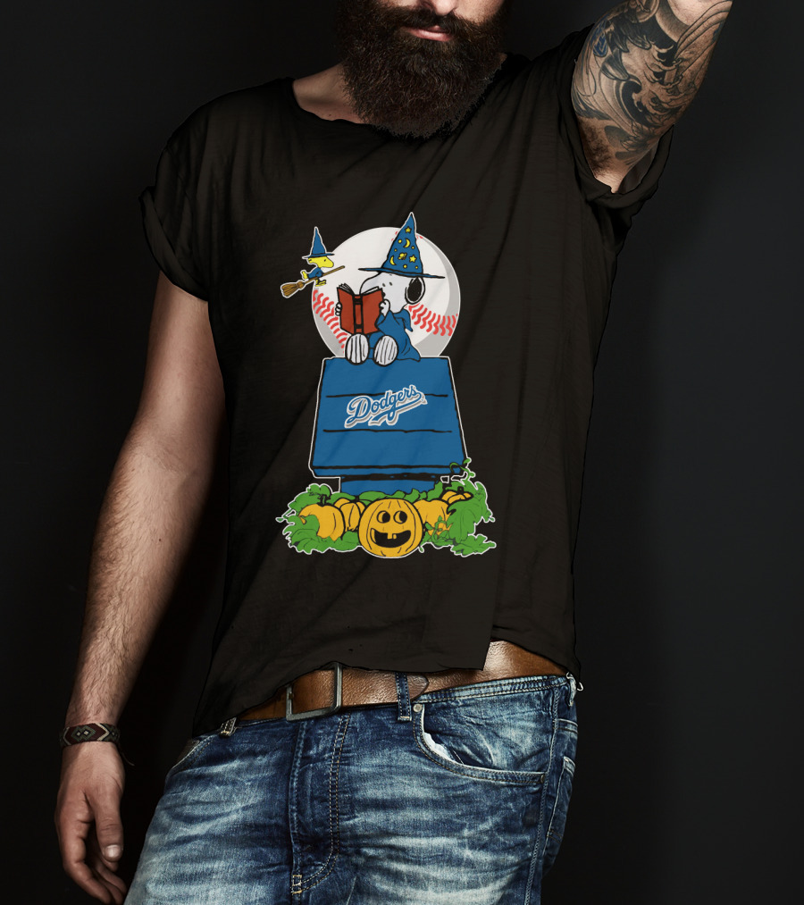 Halloween Dodgers Snoopy Wizard With Woodstock And Pumpkins T-Shirt