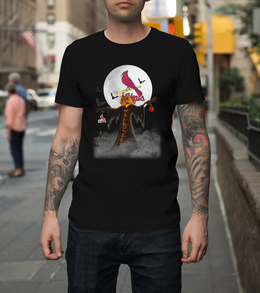 Halloween St. Louis Cardinals Bats Moon Pumpkin Scarecrow T-Shirt