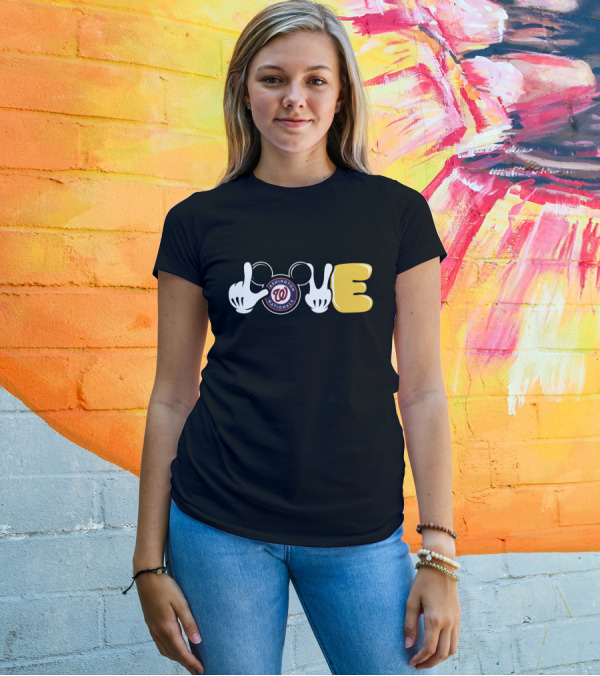Love Washington Nationals Logo With Mickey Mouse Glove And Classic Typography T-Shirt
