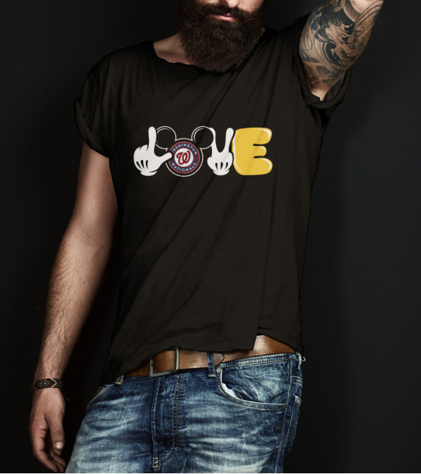 Love Washington Nationals Logo With Mickey Mouse Glove And Classic Typography T-Shirt