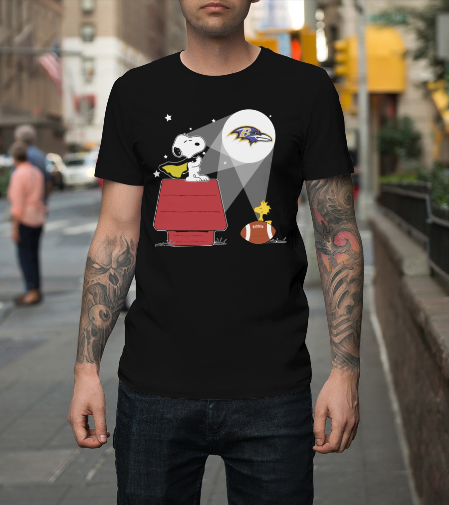 Snoopy And Woodstock With Baltimore Ravens Football And Logo Moon T-Shirt