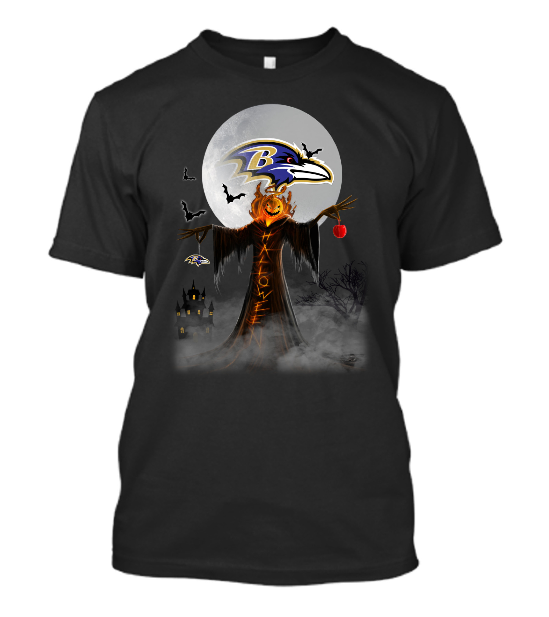 Baltimore Ravens Halloween Moon With Scarecrow And Pumpkin Head T-Shirt
