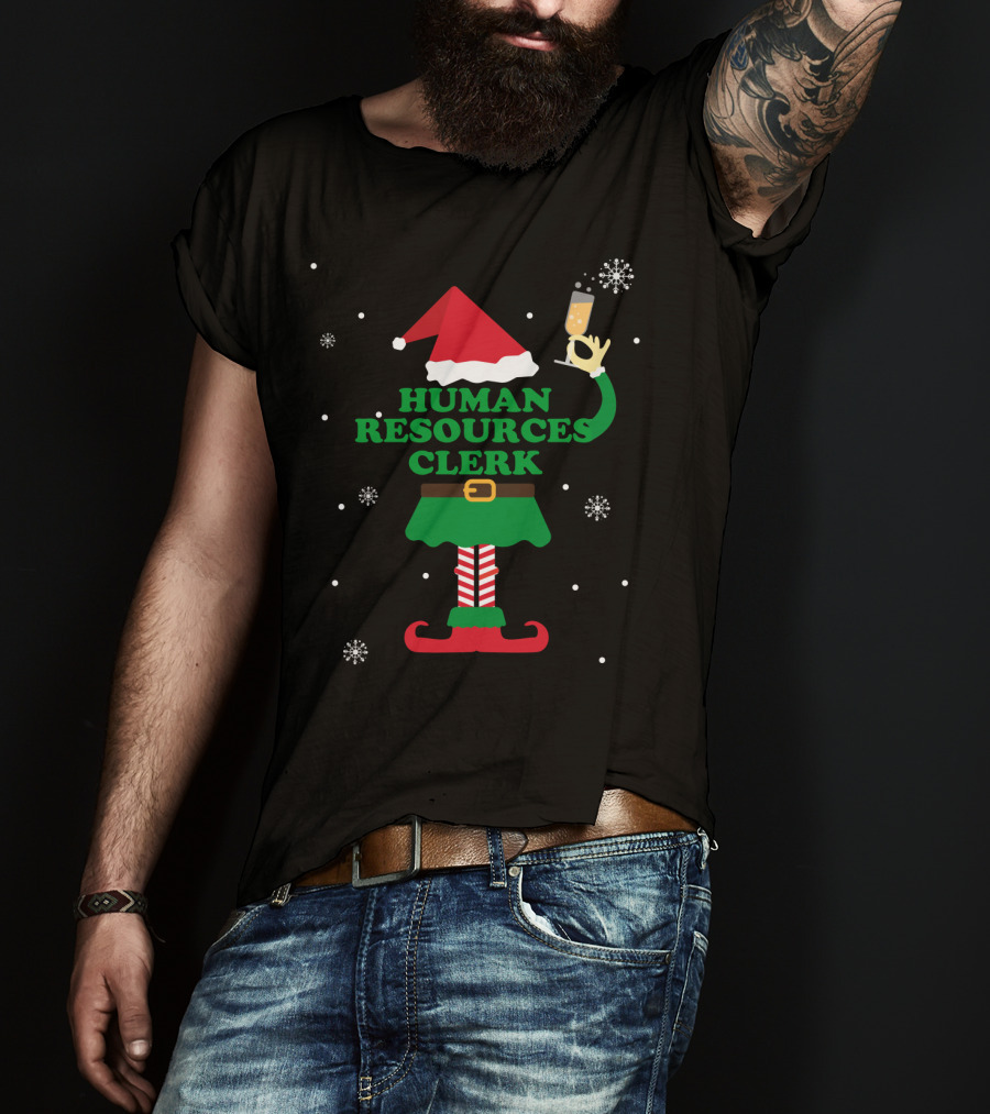 Human Resources Clerk Elf With Champagne Glass And Santa Hat T-Shirt