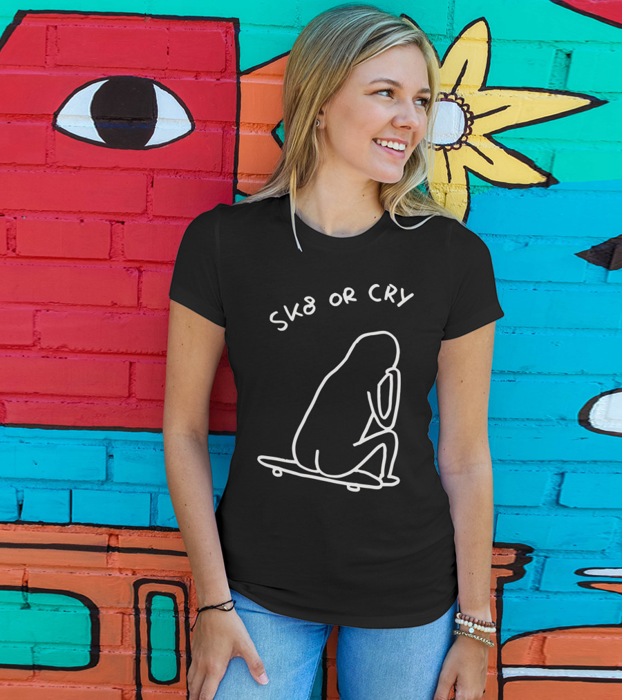 Sk8 Or Cry Minimalist Outline Sitting Figure On Skateboard T-Shirt