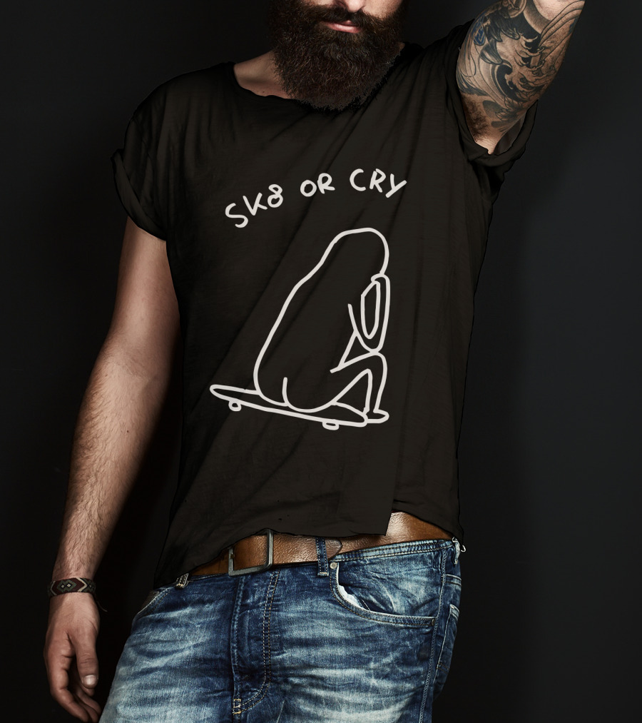 Sk8 Or Cry Minimalist Outline Sitting Figure On Skateboard T-Shirt
