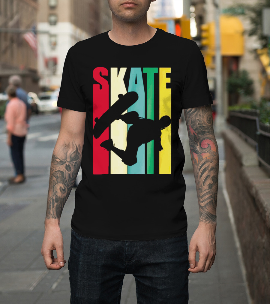 Skate Colorful Retro Vintage Skateboarding Silhouette T-Shirt