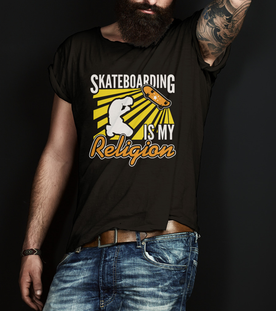 Skateboarding Is My Religion Kneeling Silhouette With Skateboard And Sunburst T-Shirt
