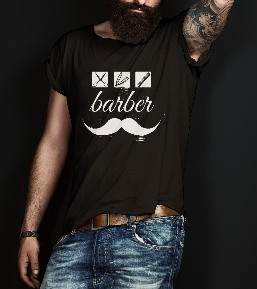 Barber Scissors Comb Razor Moustache Icon Trio T-Shirt