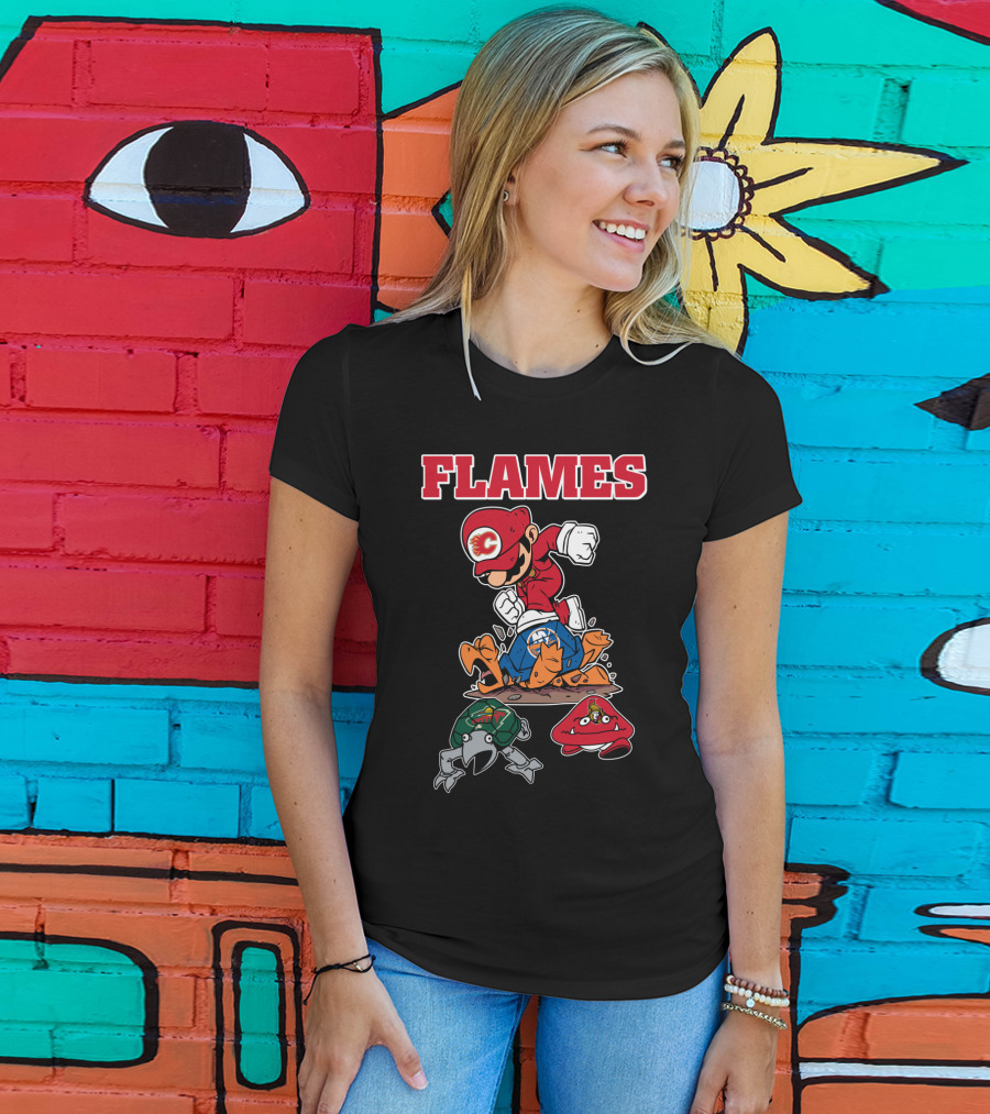 Calgary Flames Mario Parody Hockey Characters Retro Style T-Shirt