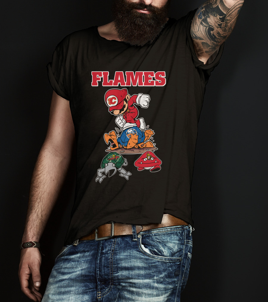 Calgary Flames Mario Parody Hockey Characters Retro Style T-Shirt