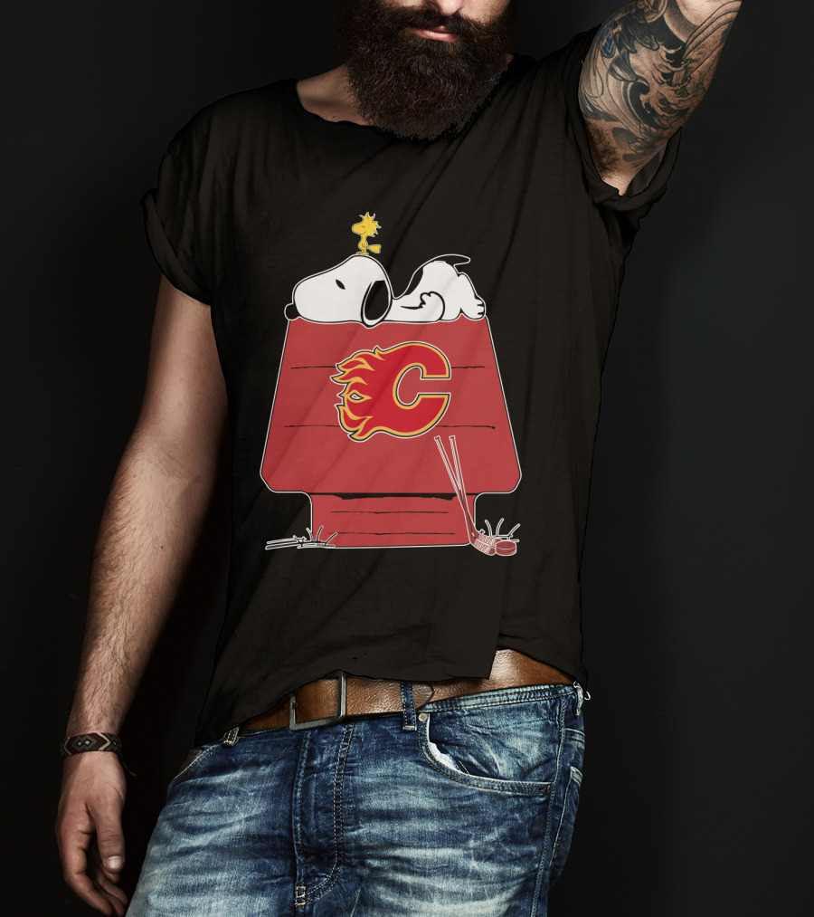Snoopy And Woodstock On Calgary Flames Logo House T-Shirt