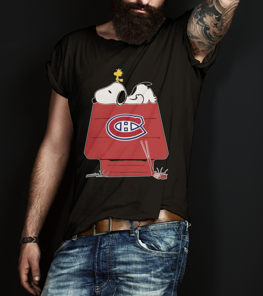 Snoopy And Woodstock With Montreal Canadiens Logo On Doghouse With Hockey Stick T-Shirt