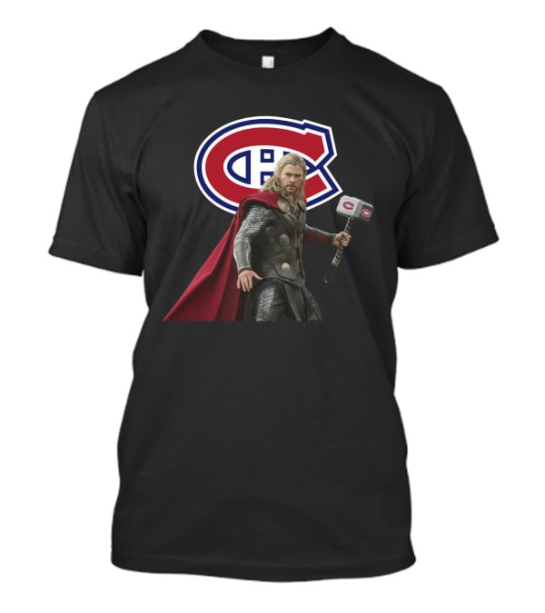 Canadiens Logo With Hero Holding Mjölnir Hammer T-Shirt