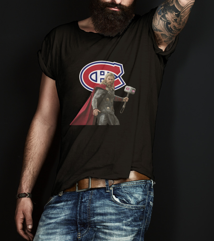 Canadiens Logo With Hero Holding Mjölnir Hammer T-Shirt