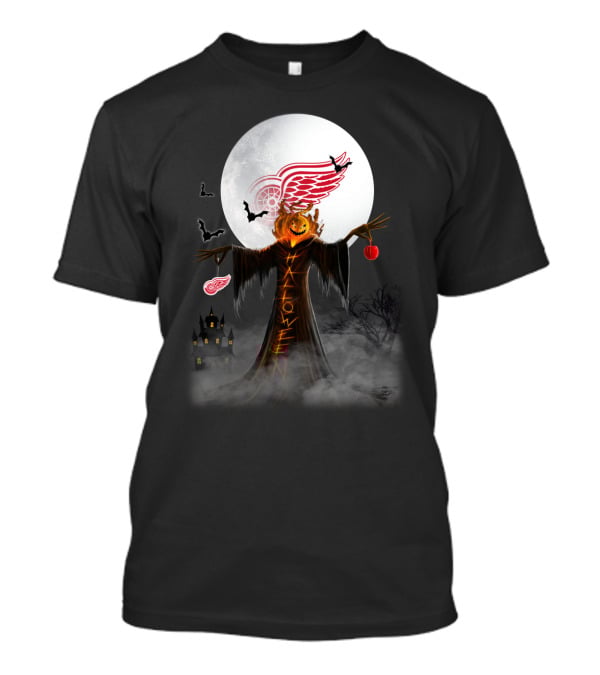 Halloween Detroit Red Wings Pumpkin Moon Bats Castle T-Shirt