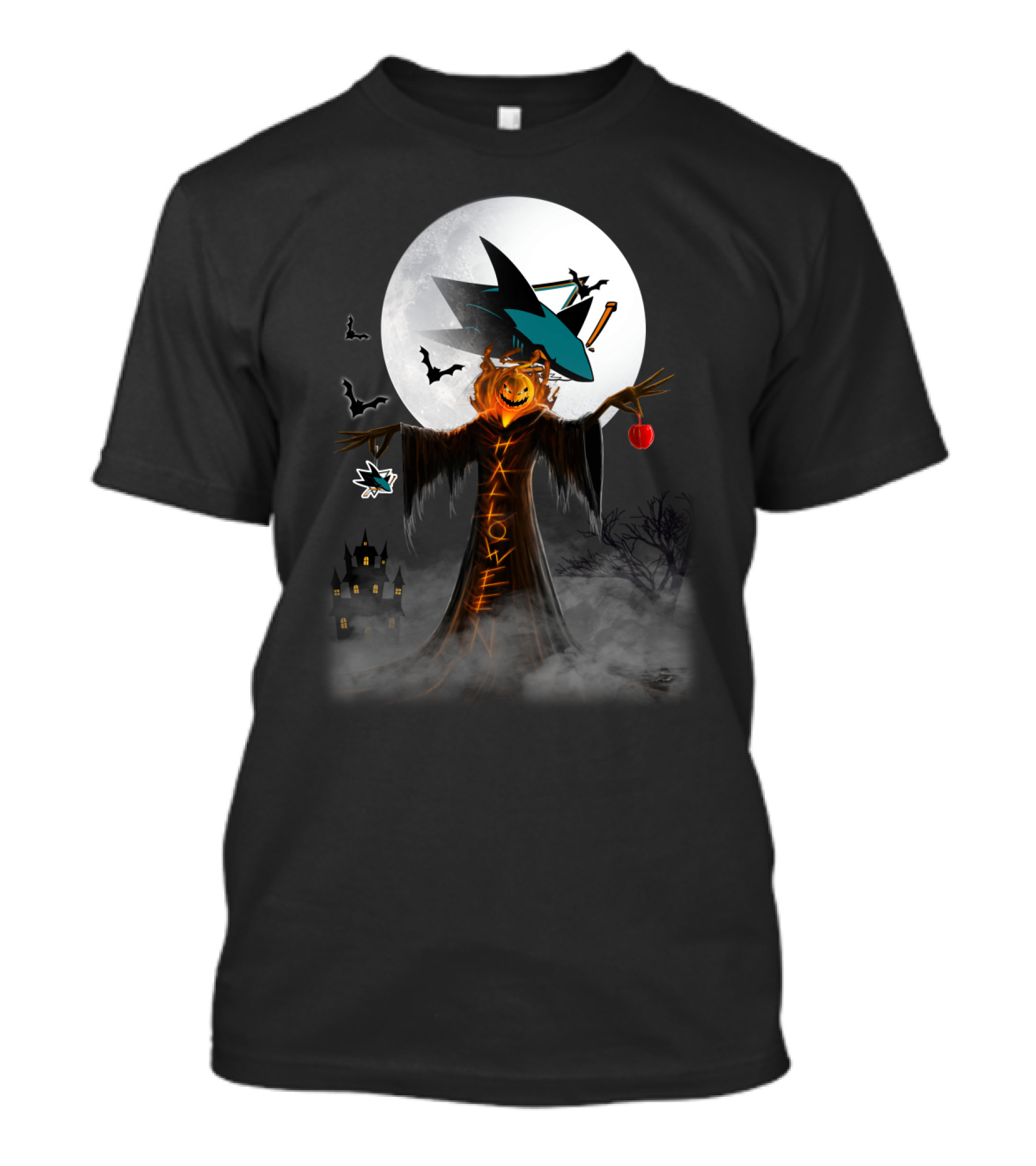 Halloween San Jose Sharks Full Moon Witch Pumpkin Bats T-Shirt