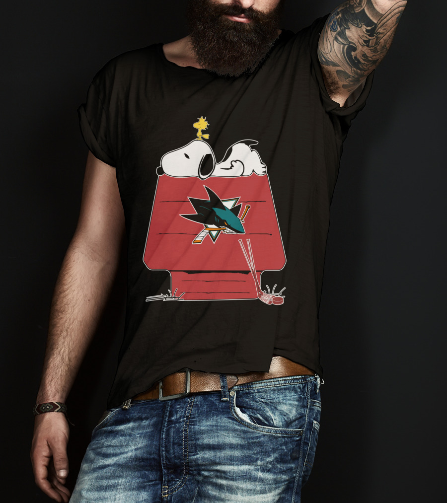 Snoopy And Woodstock On Doghouse With San Jose Sharks Logo And Hockey Sticks T-Shirt